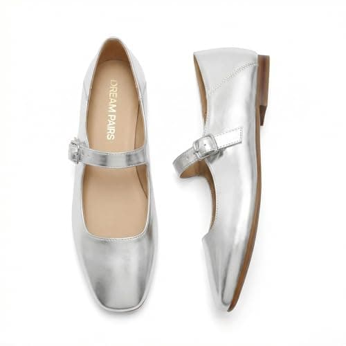 DREAM PAIRS Women's Square Toe Mary Jane Flats,Silver,5