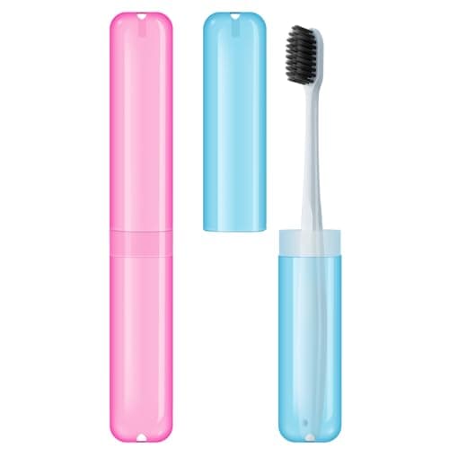 2pcs Travel Toothbrush Case, Toothbrush Cover for Travel with Drain Hole, Matte Blue Pink Toothbrush Case Storage Box for Travel Camping School Business