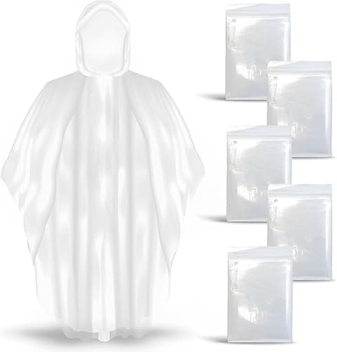 Rain Ponchos for Adults, 5‑Pack Disposable Clear Rainwear with Hood