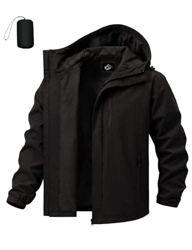 Xnova Mens Waterproof Jackets Lightweight with Hood, Packable Rain Jacket Windbreaker Zipper Rain Coat for Hiking Cycling Outdoor Work, Black, L