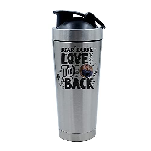 Getagift Personalised Dear Daddy, Love You to The Moon and Back, Dad, Godfather-ANY NAME/IMAGE, Father’s Day, Birthday Present 500ml Aluminium Shaker Bottle. (Silver)