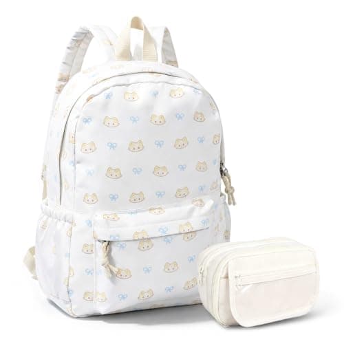 Cat Print Aesthetic Backpacks School & Pencil Case Set Lightweight 14 Inch Laptop Rucksack Preppy School Bag for Teen Girls Boys Middle School College Travel Work (White schoolbag + beige pencil case)
