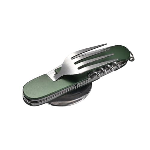FUZVOL Folding Camping Cutlery Set Stainless Steel Portable Utensil 6 in 1 Multitool Outdoor Tableware for Travel, Hiking, Picnic,Green