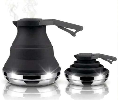 Heather UK Collapsible Kettle Camping Foldable Camping Kettles 1.5L Silicone and Aluminium Gas Stove Top Folding Portable Trave Kettle for Holiday Caravan Large Black