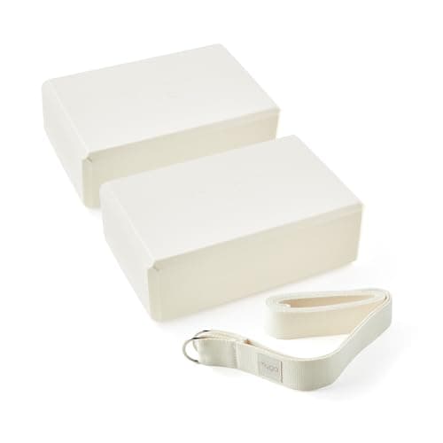 Myga Yoga Blocks & Strap Set - 2 High Density Foam Bricks and Metal D Ring Belt for Yoga, Pilates and Fitness - Support and Deepen Poses, Non-Slip and Lightweight for Home & Gym (Cream)
