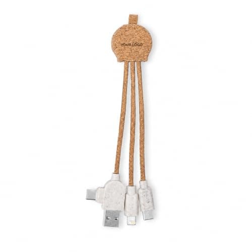 Sawfish Personalised Charging Cable Stuart Eco-Friendly Cork & Wheat Straw Multi Charging Cable with USB-C, Lightning & Micro USB, USB Data Transfer Cable