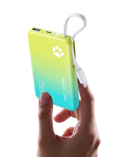 INIU Portable Charger, Smaller & Lighter 10000mAh 20W Fast Charging with Flashlight Portable Charger, External Phone Charger with built in USB C cable for iPhone, Samsung, Xiaomi, etc. blue yellow