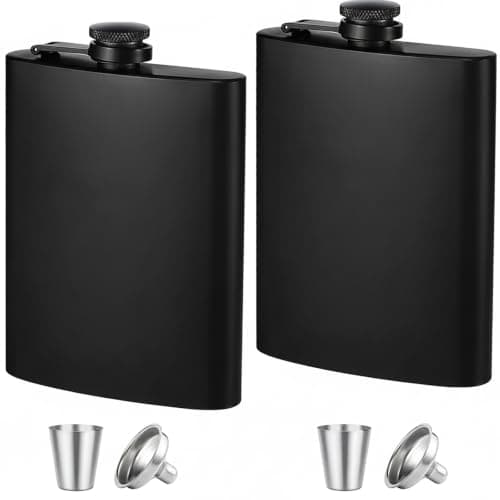 TQIOQIY Stainless Steel Hip Flask 8oz Black - Metal Flask for Whiskey Liquor, Small Pocket Flask with Funnel & Cup, Mini Flask for Men Women Travel Camping Gifts (2 Pack)