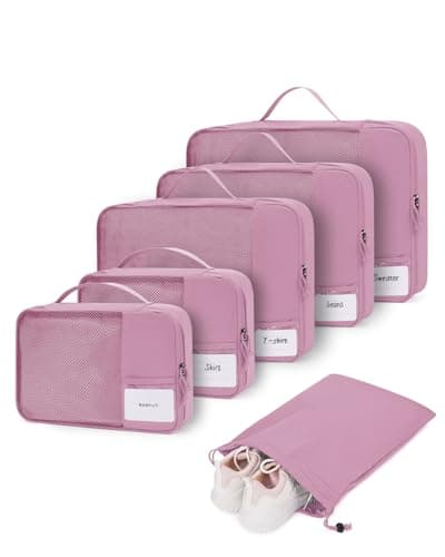 ECOHUB Packing Cubes for Suitcase, 6pcs Suitcase Organiser Bags with Tag, Recycled Travel Organiser Packing Bags for Backpack, Rip-stop Mesh Luggage Packing Organizers, Pink (Patent Pending)
