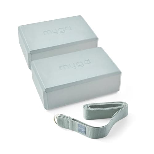 Myga Yoga Blocks & Strap Set - 2 High Density Foam Bricks and Metal D Ring Belt for Yoga, Pilates and Fitness - Support and Deepen Poses, Non-Slip and Lightweight for Home & Gym (Teal)