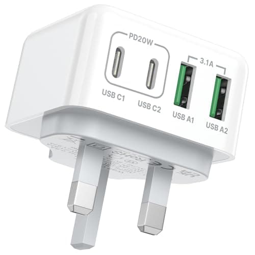 USB C Plug UK, 40W 4-Port Fast Charge USBC Plug Multi USB Charger Dual PD Power Adapter +QC Wall Charger Type C Charging for iPhone 17 16 15 14 13 12 11 Pro Max, Samsung Galaxy, iPad