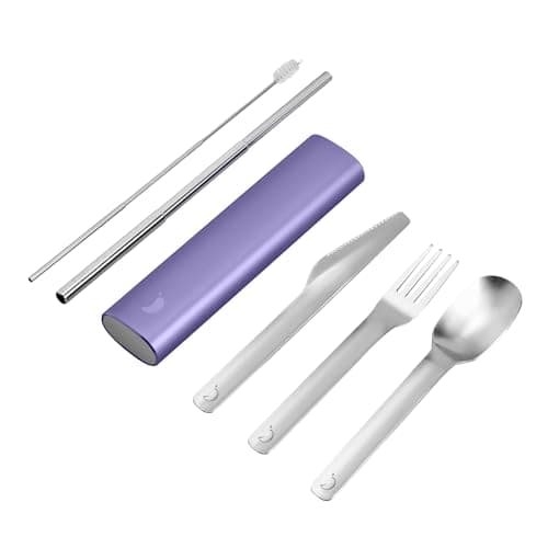 Chilly's Cutlery - Portable Cutlery, Stainless Steel Utensils with Aluminium Travel Case, Reusable Knife, Fork, Spoon, & Straw, Dishwasher Safe - for Travel and Camping - Lavender