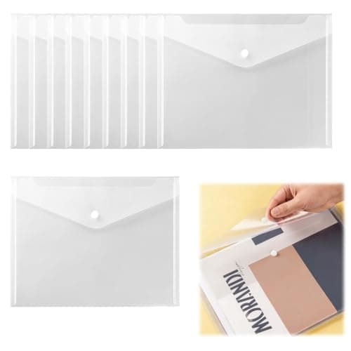 10 Pcs A5 Plastic Wallets & Clear Plastic Envelopes with Snap Button, 24cm X 17cm Small Wallets Waterproof Document Folders for School Office Travel Paper Organization (A5 Filing Envelopes)