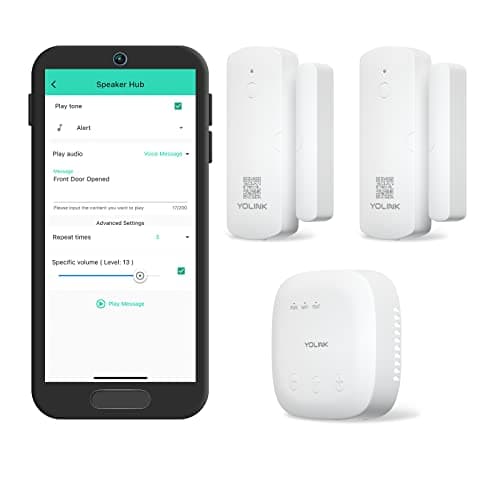 YoLink SpeakerHub & Two Door Sensors Smart Home Starter Kit – Audio Hub Plays Tones/Sounds, Spoken Messages, LoRa-Powered ¼ Mile Range, WiFi Required