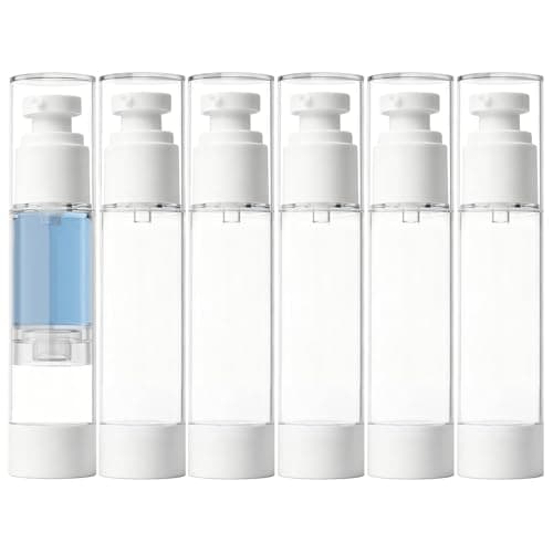 GIVITASOT 1.7OZ/50ML Airless Pump Bottles, 6 Pack Lotion Dispenser Travel Size Pump Bottles, Vacuum Cosmetic Travel Bottle for Lotion, Creams, Foundation, Cosmetic, with Labels, Wooeden Stick