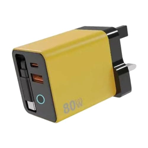 UK 80W Power Adapter with Retractable Cable, Yellow