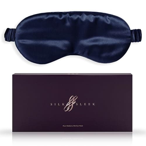 SILKSLEEK Eye Mask for Sleeping, 22 Momme Pure Mulberry Silk Sleep Mask Filled with 100% Pure Silk, Travel Essentials, Super Soft & Comfortable Blackout Eye Mask in Gift Box… (Navy Blue)