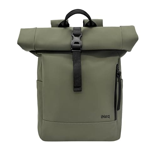 iNeq Roll Top Backpack Water Resistant Men and Women with Padded 15.6" Laptop & Tablet Compartments | Versatile Rolltop Rucksack | Expandable Travel Backpack for Work, School & Outdoors (Olive Green)