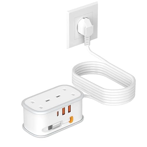 UK to European Plug Adapter with 1.5M Extension Cable, BEVA 2 Way 3 USB (2A+1C) Travel Adapter with Retractable USB C Cable for Germany France Spain Turkey Greece Iceland etc (Type E/F)