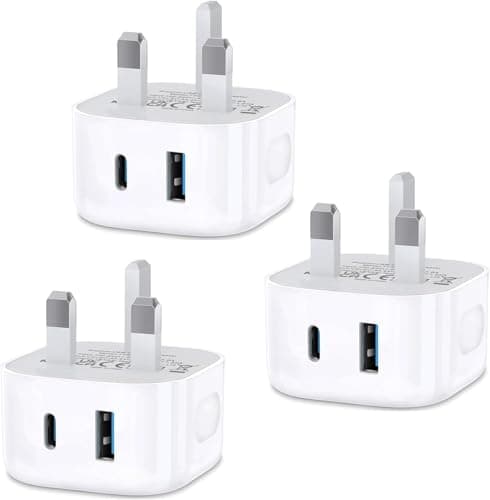 USB C Fast Charge Plug,3Pack Dual Port USB A and USBC Charger Plugs Adaptor UK Wall Charge for iPhone 17 Pro Max 16e 16 Plus Pro Max 15 14 13 12 11 SE Watch iPad Pro Mini Air,Type-C Ports Charging