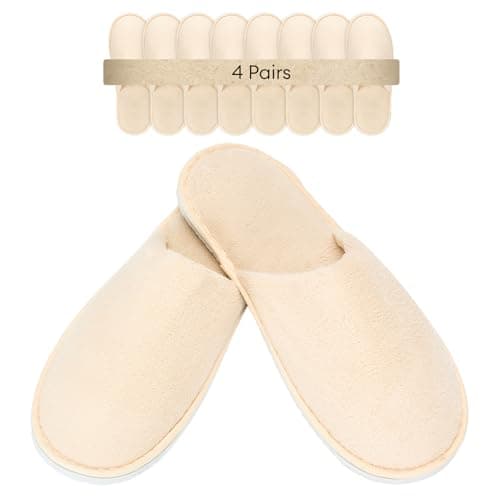 4 Pairs Natural Toweling Slippers - Luxury 100% Organic Cotton, Ultra Soft, Machine Washable Indoor Slippers for Reusable Guest Slipper or Guests, Home, Spa & Airplane, Lightweight & Packable