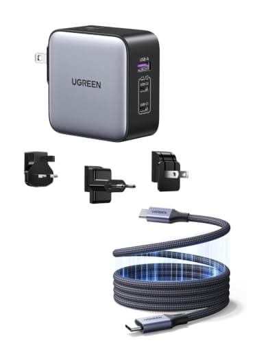 UGREEN Universal Travel Adapter 65W 3-Port Fast Charger with US/UK/EU Plugs with Magnetic Coiled USB C to USB C Cable 240W 1M, Charging Kit for MacBook Pro/Air, iPhone 17/16/15, iPad, Galaxy S26/S25