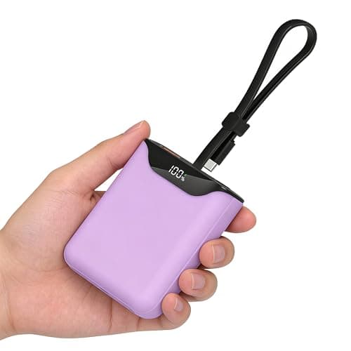 Small Power Bank, 10000mAh Fast Charging Portable Charger with Built-in USB-C In/Out Cable for Travel, LED Display Mini Battery Pack for 17/16/15/14/13, iPad, Andriod and More (Purple)