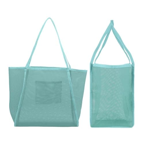 JOZMMZEOOA Mesh Beach Bag for Travel Foldable Reusable Shopping Net Bag Portable Lightweight Storage Tote for Summer for Women Beach Bag Suitable for Picnics Fitness Travel (Blue-green)