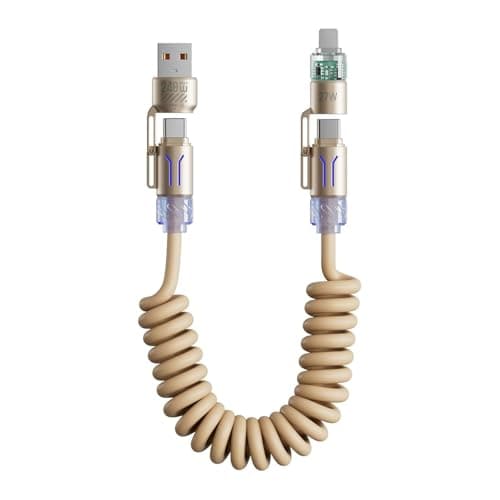 240w 4-in-1 Retractable Coiled Charging Cable, Vehicle-Mounted Spring Data Cable, Universal 78in Multi-Port Charger Cord, Multi-Port Charger Cord for All USB-Compatible Devices (Gold)