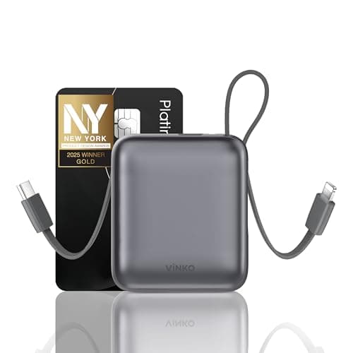 VINKO Small Power Bank with Built-in Cable,10000mAh Fast Charging Power Bank, 22.5W USB C Portable Charger, Mini Battery Pack for iPhone 16 15 14 13 Samsung Galaxy Google Android (Gray)