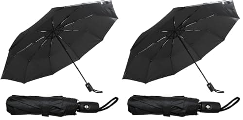 Ram® Folding Travel Umbrella, Automatic Open & Close Ergonomic Handle, Golf Umbrella 10 Ribs Brolly Portable Slim Strong Lightweight Umbrella, (Pack of 2)