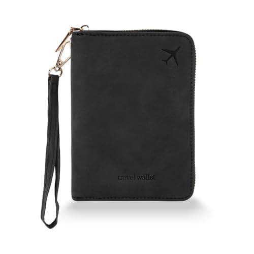 Zidoley Passport Holder Travel Wallet RFID Blocking, PU Leather Travel Document Organiser with Zipped Closure & Wrist Strap, Document Organiser, Holiday Travel Essentials for Men & Women (Black)