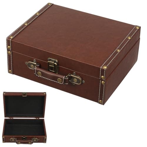 Gatphy Vintage Leather Suitcase Decorative Travel Trunk Retro Photography Prop, Solid Wood Leather Trunk Luggage with Buckle Closure for Travel, Jewelry, Photo, Clothing, Souvenirs(26x10x21cm)