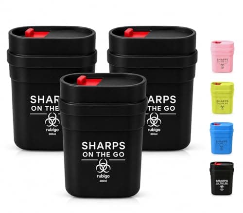 3pk Travel Sharps Bin 0.2L – Small Sharps Box for Needles, Lancets & Insulin Pen Tips – Portable Disposal Container with Secure Leakproof Lid – Medical Waste Bin, Black