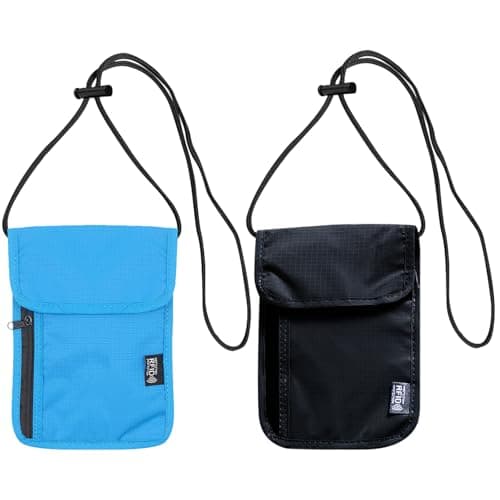 JSTHHTT 2 Pcs Neck Pouches - Phone Pouch with Neck Strap, RFID Blocking Travel Neck Wallet for Women and Men - Secure Neck Pouches and Passport Holder, Black Blue