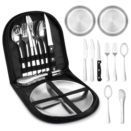 penobon Camping Cutlery Set for 2 Person, 10pcs Stainless Steel Portable Picnic Utensils Set for Camping, Picnic, Outdoor Hiking, Road Trips