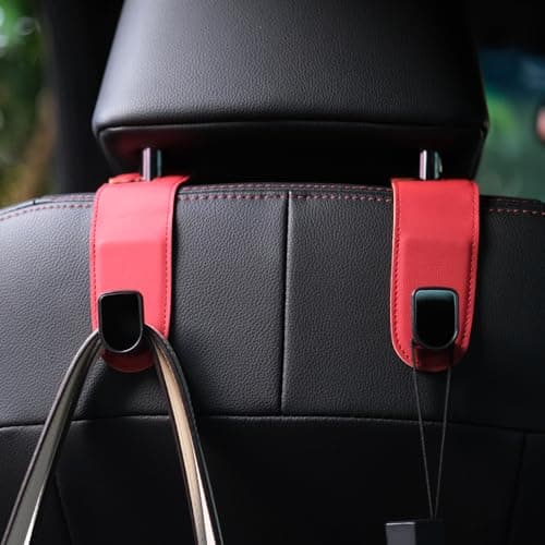 Qirc Auto Hooks, 2 Pcs PU Leather Car Storage Organiser Bag Hooks, Universal Car Back Seat Headrest Hanger for Hang Bag Handbag Grocery Bags (Red)