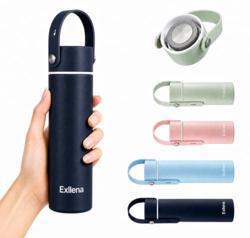 Exllena 300ml Small Water Bottle with Adjustable Silicone Handle Made of 100% Stainless Steel (Body + Lid), Mini Metal Water Bottle for Handbag, Leakproof (Midnight Sapphire)