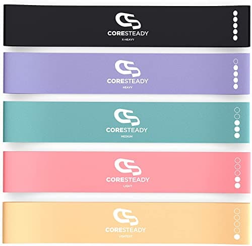 Coresteady Resistance Bands Set of 5 - Mini Fitness & Loop Exercise Band for Men & Women - Yoga, Body & Gym Sport Resistance Loop Bands for Strength, Muscle & Tone - With E-Guide & Travel Bag