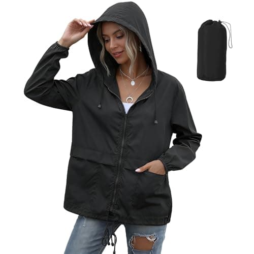 JiaYouLC Womens Lightweight Waterproof Jackets Packable Raincoat With Hoodie Waterproof Running Rain Jacket for Outdoor Walking Hiking (UK, Alpha, S, Regular, Regular, Black)