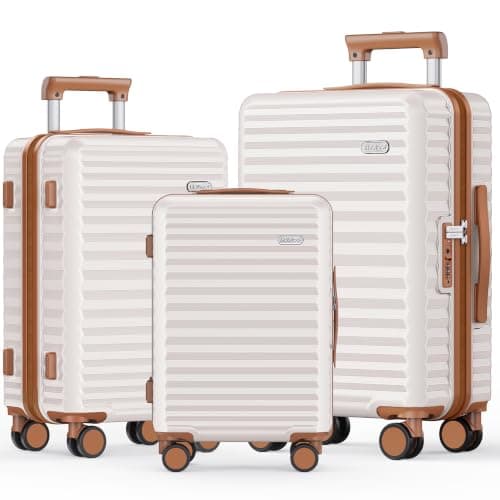 SHOWKOO Suitcase Sets 3 Piece Expandable Hardshell PC Luggage, Beige White