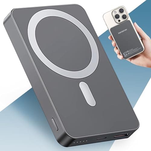 PORTENTUM MagSafe compatible power bank fast charging 10000 mAh ultra-slim 14 mm – Portable charger magnetic 22.5W PD & QC – Qi 15W wireless – Battery pack USB-C + USB-A for iPhone Smartphones Tablets