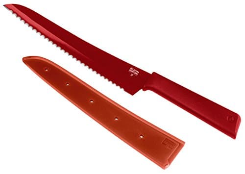 Kuhn Rikon Bread Knife with Japanese Stainless Steel Serrated Blade, Non-Stick Coating, Secure Grip Handle with Finger Guard and Safety Sheath, 20cm - Colori+, Red