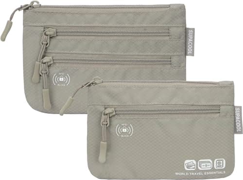SUPACOOL Passport Holder Wallet Bag for Men Women Family, Card Holder Organizer for Tote, RFID Blocking, Travel Pouch for AIRports, Trains, Buses, Two-Piece Set (Gray)