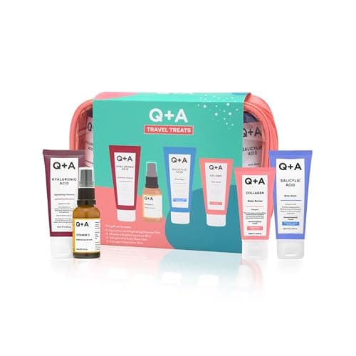 Q+A Travel Treats Gift Set, 4-Piece Skincare & Bodycare Minis with Travel Bag, Hydrating Facial Cleanser (75ml), Vitamin C Serum (30ml), Salicylic Acid Body Wash (75ml) & Collagen Body Butter (50ml)
