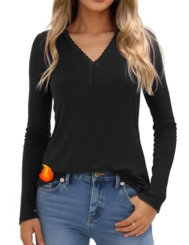 Crewhpo Womens Thermal Tops Cotton Long Sleeve Lace V Neck Base Layer Shirt