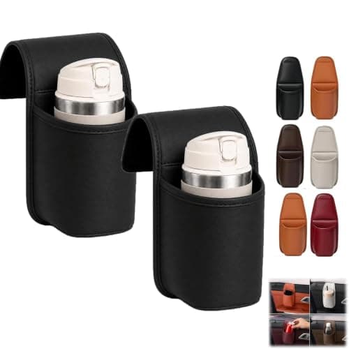 2 Pack Cup Holder for Cars, PU Leather Car Door Cups Holder Window Hanging Organizer, Multifunctional Rear Seat Beverage Bottle Storage Organizer, Slim Pocket for Water Bottles Coffee Cups Cell Phones