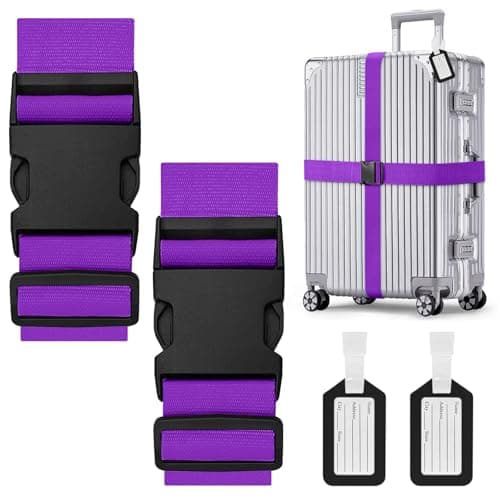 Aulese 2 Pack Luggage Straps, Adjustable Suitcase Straps with Luggage Tags, High-Visibility Luggage Straps for Suitcases, Travel Accessories Luggage Belt for Baggage (Purple)