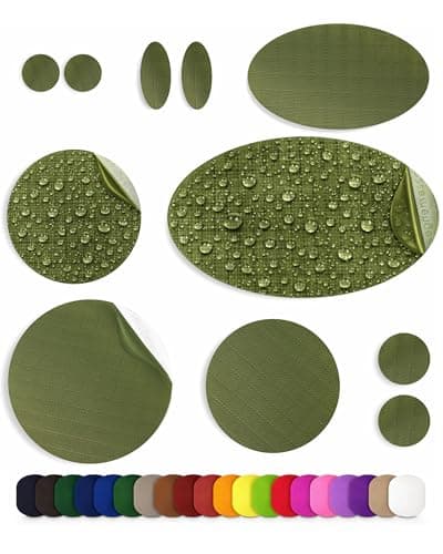 aZengear Self-Adhesive Repair Patches (30+ Colours) for Down Jackets, Puffer Coats, Tents, Upholstery - Waterproof, Tear-Cold-Heat-Resistant Nylon Polyester Fabric (11 Pcs, Olive)