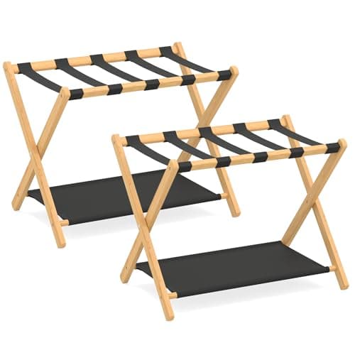 COSTWAY Bamboo Luggage Racks Set of 2, Folding Suitcase Stand with Straps and Oxford Cloth Storage Shelves, Portable Backpack Luggage Holder for Guest Room, Bedroom, Hotel, 68x46x53cm (Natural+Black)